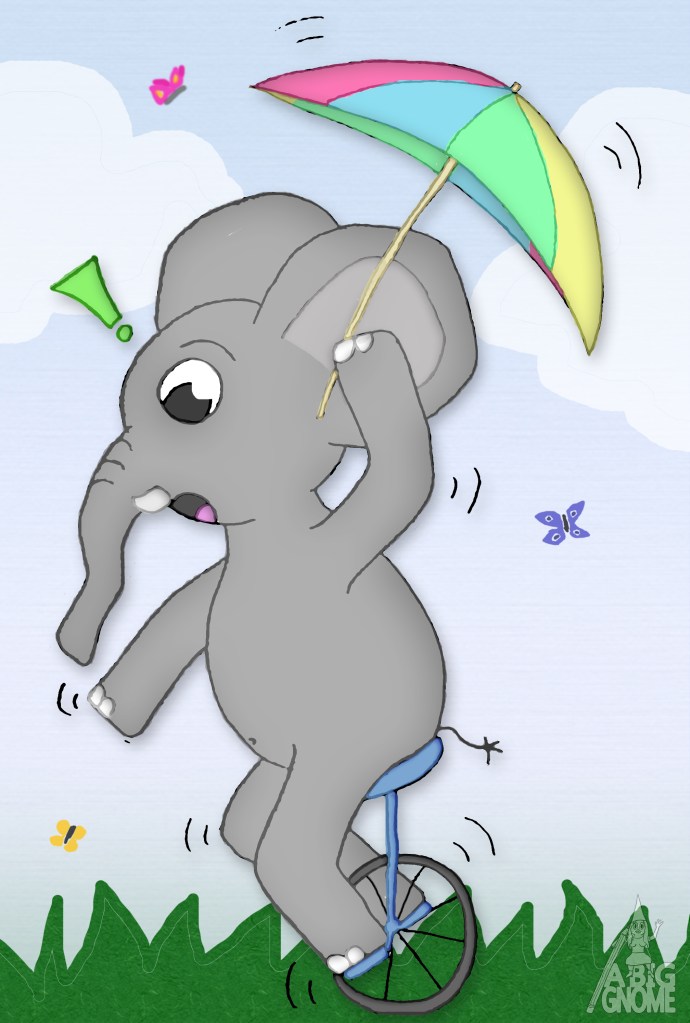 illustration for children of elephant on a unicycle with umbrella