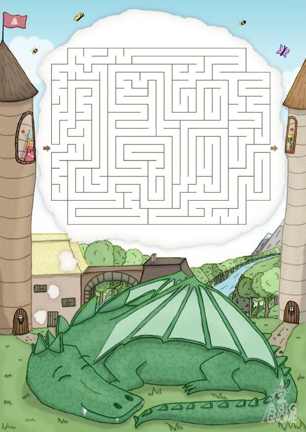 illustration and maze for children with a medieval dragon