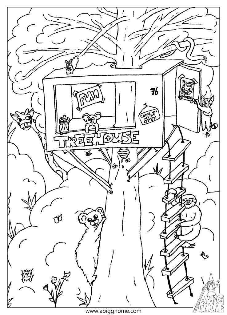 Kleurplaat dieren boomhut