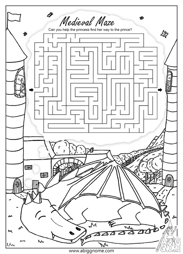 Kleurplaat doolhof slapende dromende draak