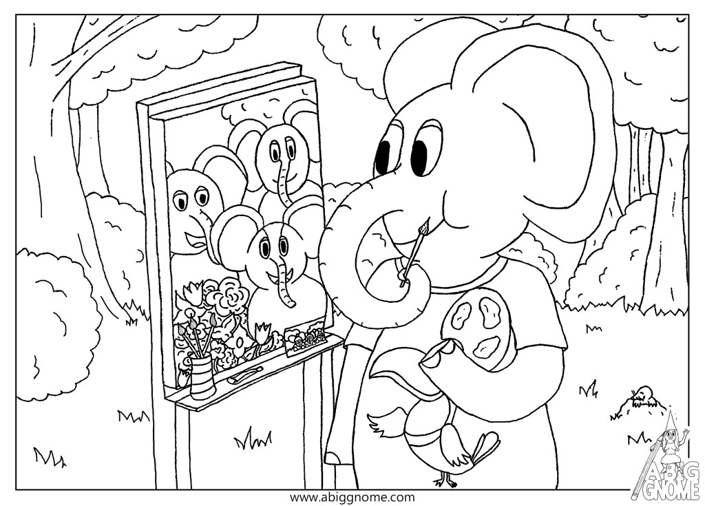 Kleurplaat schilderende olifant