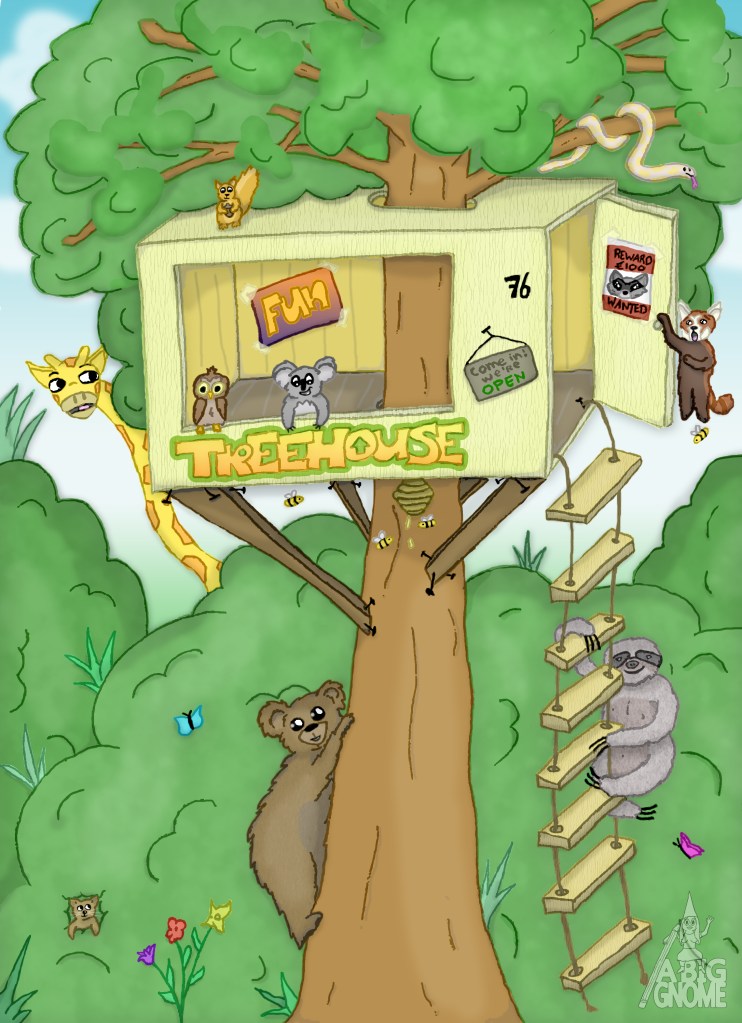 illustration for kids of an animal treehouse